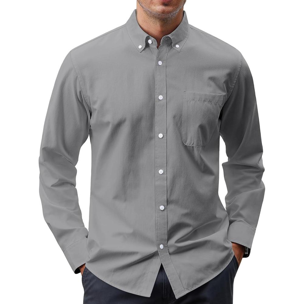 imageJVER Mens Oxford Shirt Solid Casual Button Down Collar Shirts Long Sleeve Dress Shirts with PocketCharcoal Grey