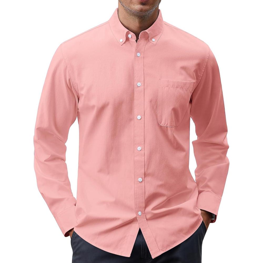 imageJVER Mens Oxford Shirt Solid Casual Button Down Collar Shirts Long Sleeve Dress Shirts with PocketCoral