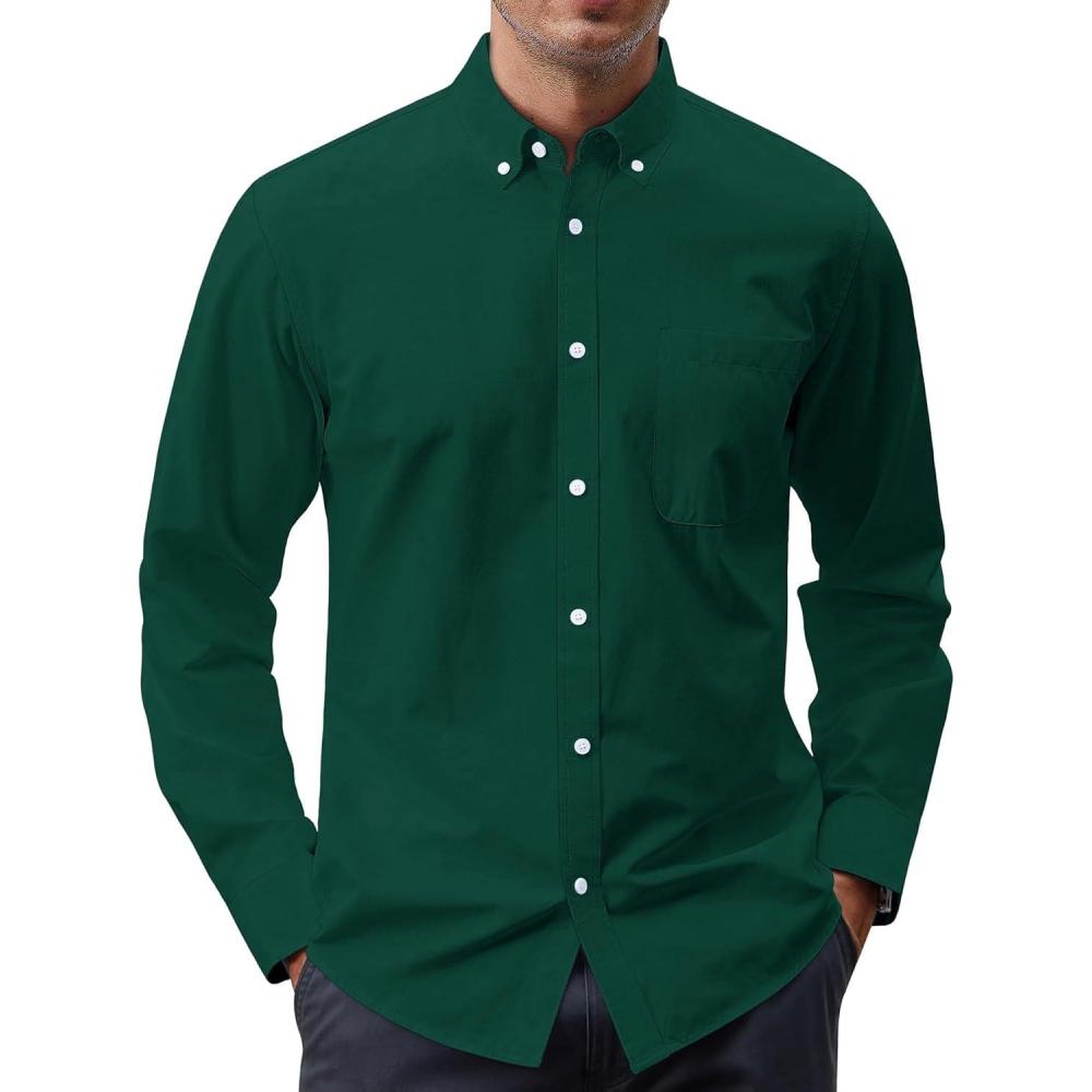 imageJVER Mens Oxford Shirt Solid Casual Button Down Collar Shirts Long Sleeve Dress Shirts with PocketGreen