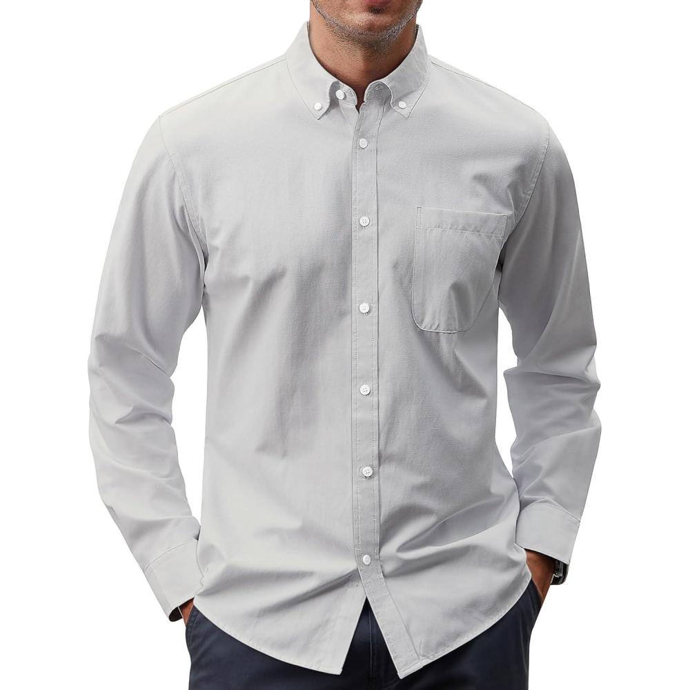 imageJVER Mens Oxford Shirt Solid Casual Button Down Collar Shirts Long Sleeve Dress Shirts with PocketGrey