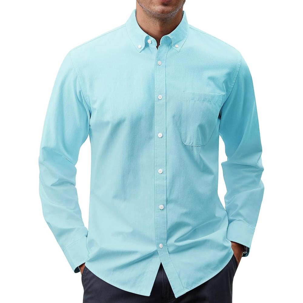imageJVER Mens Oxford Shirt Solid Casual Button Down Collar Shirts Long Sleeve Dress Shirts with PocketLake Blue