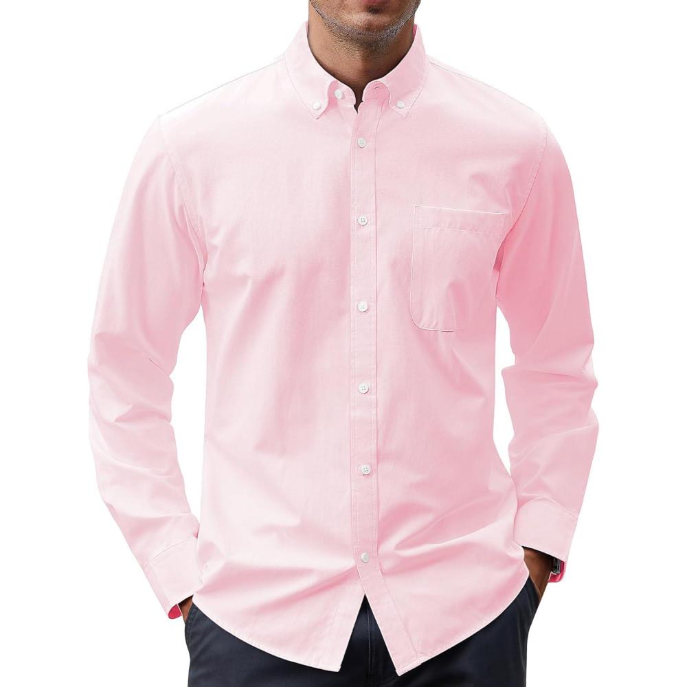 imageJVER Mens Oxford Shirt Solid Casual Button Down Collar Shirts Long Sleeve Dress Shirts with PocketLight Pink