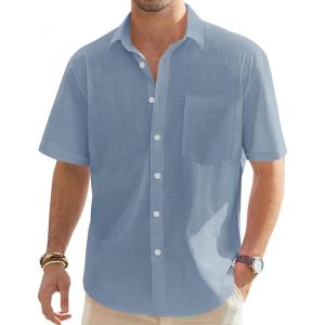 imageJVER Mens Cotton Linen Short Sleeve Shirts Casual Lightweight Button Down Shirts Vacation Beach Summer Tops with PocketAiry Blue