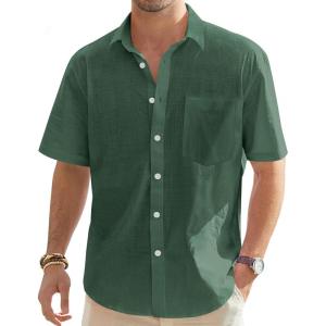 imageJVER Mens Cotton Linen Short Sleeve Shirts Casual Lightweight Button Down Shirts Vacation Beach Summer Tops with PocketArmy Green