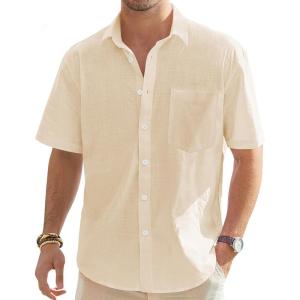 imageJVER Mens Cotton Linen Short Sleeve Shirts Casual Lightweight Button Down Shirts Vacation Beach Summer Tops with PocketBeige