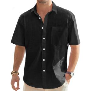 imageJVER Mens Cotton Linen Short Sleeve Shirts Casual Lightweight Button Down Shirts Vacation Beach Summer Tops with PocketBlack