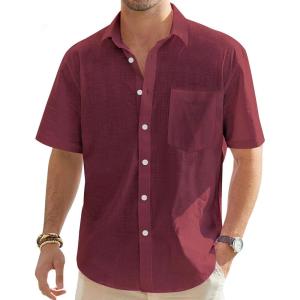 imageJVER Mens Cotton Linen Short Sleeve Shirts Casual Lightweight Button Down Shirts Vacation Beach Summer Tops with PocketBurgundy
