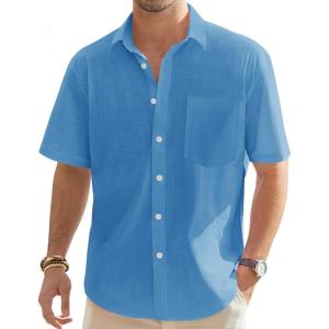 imageJVER Mens Cotton Linen Short Sleeve Shirts Casual Lightweight Button Down Shirts Vacation Beach Summer Tops with PocketCobalt Blue