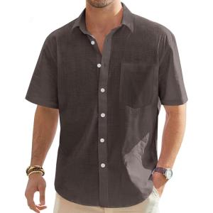 imageJVER Mens Cotton Linen Short Sleeve Shirts Casual Lightweight Button Down Shirts Vacation Beach Summer Tops with PocketCoffee