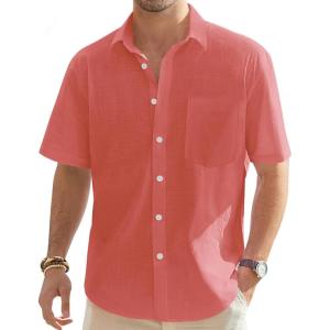 imageJVER Mens Cotton Linen Short Sleeve Shirts Casual Lightweight Button Down Shirts Vacation Beach Summer Tops with PocketCoral