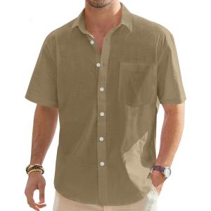 imageJVER Mens Cotton Linen Short Sleeve Shirts Casual Lightweight Button Down Shirts Vacation Beach Summer Tops with PocketDark Khaki