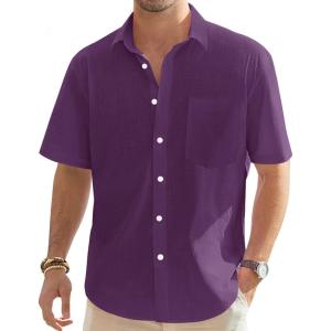 imageJVER Mens Cotton Linen Short Sleeve Shirts Casual Lightweight Button Down Shirts Vacation Beach Summer Tops with PocketDark Purple