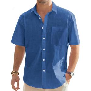 imageJVER Mens Cotton Linen Short Sleeve Shirts Casual Lightweight Button Down Shirts Vacation Beach Summer Tops with PocketDenim Blue