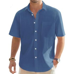 imageJVER Mens Cotton Linen Short Sleeve Shirts Casual Lightweight Button Down Shirts Vacation Beach Summer Tops with PocketGrey Blue