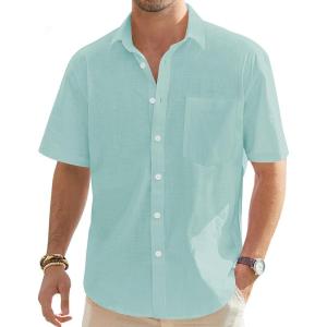 imageJVER Mens Cotton Linen Short Sleeve Shirts Casual Lightweight Button Down Shirts Vacation Beach Summer Tops with PocketGrey Green