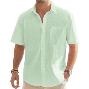 imageJVER Mens Cotton Linen Short Sleeve Shirts Casual Lightweight Button Down Shirts Vacation Beach Summer Tops with PocketLight Green