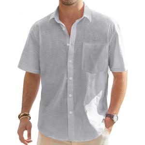 imageJVER Mens Cotton Linen Short Sleeve Shirts Casual Lightweight Button Down Shirts Vacation Beach Summer Tops with PocketLight Grey