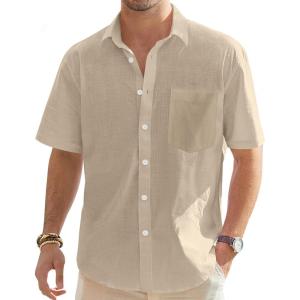 imageJVER Mens Cotton Linen Short Sleeve Shirts Casual Lightweight Button Down Shirts Vacation Beach Summer Tops with PocketLight Khaki