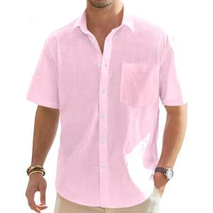 imageJVER Mens Cotton Linen Short Sleeve Shirts Casual Lightweight Button Down Shirts Vacation Beach Summer Tops with PocketLight Pink