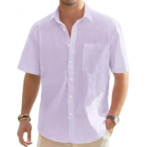 imageJVER Mens Cotton Linen Short Sleeve Shirts Casual Lightweight Button Down Shirts Vacation Beach Summer Tops with PocketLight Purple