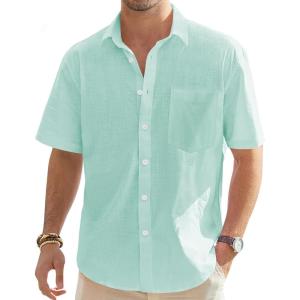 imageJVER Mens Cotton Linen Short Sleeve Shirts Casual Lightweight Button Down Shirts Vacation Beach Summer Tops with PocketMint Green