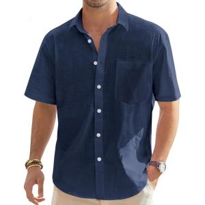 imageJVER Mens Cotton Linen Short Sleeve Shirts Casual Lightweight Button Down Shirts Vacation Beach Summer Tops with PocketNavy Blue