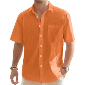imageJVER Mens Cotton Linen Short Sleeve Shirts Casual Lightweight Button Down Shirts Vacation Beach Summer Tops with PocketOrange