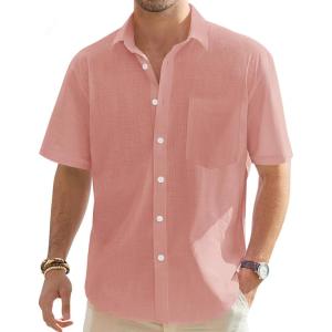imageJVER Mens Cotton Linen Short Sleeve Shirts Casual Lightweight Button Down Shirts Vacation Beach Summer Tops with PocketPeach