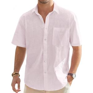 imageJVER Mens Cotton Linen Short Sleeve Shirts Casual Lightweight Button Down Shirts Vacation Beach Summer Tops with PocketPink