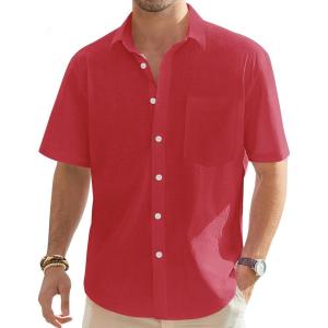 imageJVER Mens Cotton Linen Short Sleeve Shirts Casual Lightweight Button Down Shirts Vacation Beach Summer Tops with PocketRed