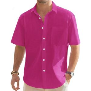 imageJVER Mens Cotton Linen Short Sleeve Shirts Casual Lightweight Button Down Shirts Vacation Beach Summer Tops with PocketRose