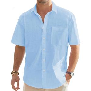 imageJVER Mens Cotton Linen Short Sleeve Shirts Casual Lightweight Button Down Shirts Vacation Beach Summer Tops with PocketSky Blue