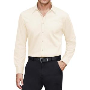 imageJVER Mens Dress Shirts Stretch Stain Shield Long Sleeve Solid Formal Shirt Business Casual Button Down ShirtsBeige