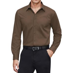 imageJVER Mens Dress Shirts Stretch Stain Shield Long Sleeve Solid Formal Shirt Business Casual Button Down ShirtsBrown