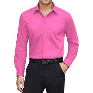imageJVER Mens Dress Shirts Stretch Stain Shield Long Sleeve Solid Formal Shirt Business Casual Button Down ShirtsHot Pink
