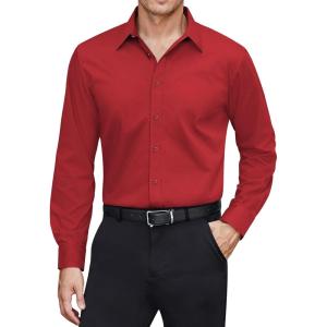 imageJVER Mens Dress Shirts Stretch Stain Shield Long Sleeve Solid Formal Shirt Business Casual Button Down ShirtsRed