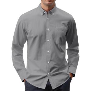 imageJVER Mens Oxford Shirt Solid Casual Button Down Collar Shirts Long Sleeve Dress Shirts with PocketCharcoal Grey