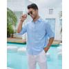 imageJVER Mens Linen Shirts Casual Button Down Long Sleeve Shirt Solid Spread Collar Summer Beach Shirts with PocketLight Blue