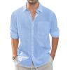 imageJVER Mens Linen Shirts Casual Button Down Long Sleeve Shirt Solid Spread Collar Summer Beach Shirts with PocketLight Blue