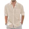 imageJVER Mens Linen Shirts Casual Button Down Long Sleeve Shirt Solid Spread Collar Summer Beach Shirts with PocketLight Khaki