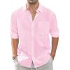 imageJVER Mens Linen Shirts Casual Button Down Long Sleeve Shirt Solid Spread Collar Summer Beach Shirts with PocketLight Pink