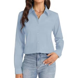 imageJVER Button Down Shirts for Women Stretch Collared Cotton Long Sleeve Dress Shirt Business Casual Blouse for WorkAiry Blue