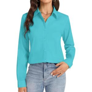 imageJVER Button Down Shirts for Women Stretch Collared Cotton Long Sleeve Dress Shirt Business Casual Blouse for WorkAqua Blue