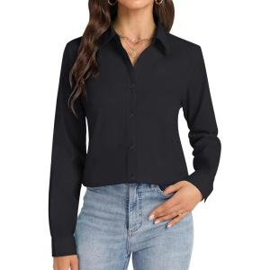imageJVER Button Down Shirts for Women Stretch Collared Cotton Long Sleeve Dress Shirt Business Casual Blouse for WorkBlack