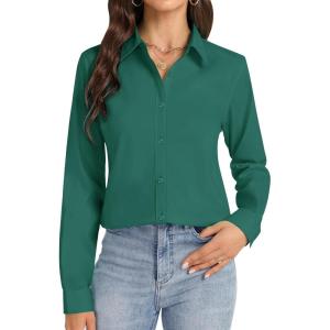 imageJVER Button Down Shirts for Women Stretch Collared Cotton Long Sleeve Dress Shirt Business Casual Blouse for WorkDark Green