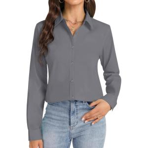 imageJVER Button Down Shirts for Women Stretch Collared Cotton Long Sleeve Dress Shirt Business Casual Blouse for WorkDark Grey