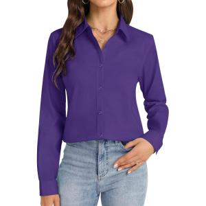 imageJVER Button Down Shirts for Women Stretch Collared Cotton Long Sleeve Dress Shirt Business Casual Blouse for WorkDark Purple