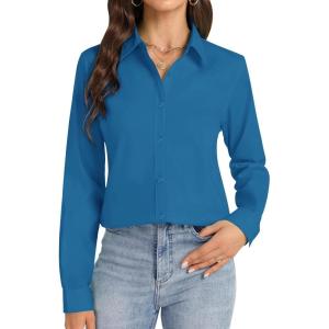 imageJVER Button Down Shirts for Women Stretch Collared Cotton Long Sleeve Dress Shirt Business Casual Blouse for WorkDenim Blue
