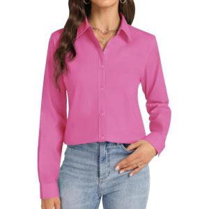 imageJVER Button Down Shirts for Women Stretch Collared Cotton Long Sleeve Dress Shirt Business Casual Blouse for WorkHot Pink