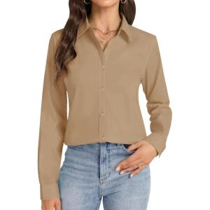 imageJVER Button Down Shirts for Women Stretch Collared Cotton Long Sleeve Dress Shirt Business Casual Blouse for WorkKhaki